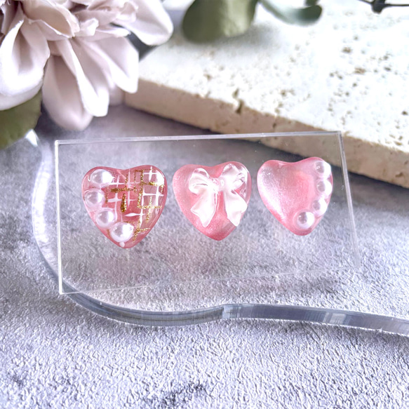 glass heart 3way pink ribbon Earrings 5枚目の画像