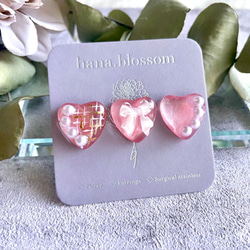 glass heart 3way pink ribbon Earrings 4枚目の画像