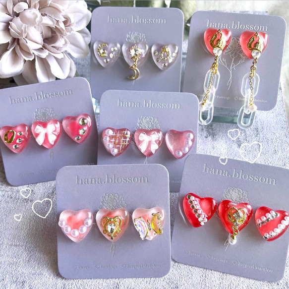 glass heart 3way pink ribbon Earrings 11枚目の画像