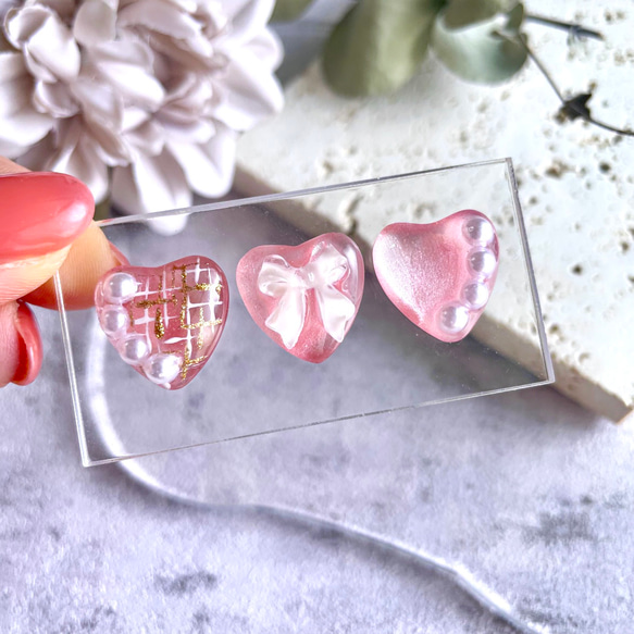 glass heart 3way pink ribbon Earrings 7枚目の画像