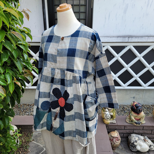 着物リメイク 古布 手作り チェックにアップリケ チュニック