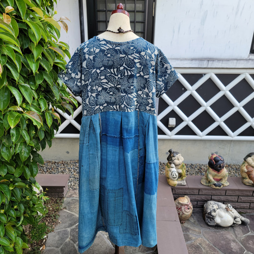 着物リメイク 古布 手作り 型染めと浅葱色 BORO ワンピース ワンピース