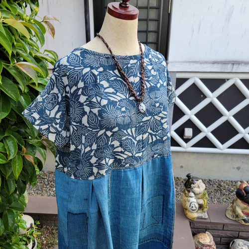 着物リメイク 古布 手作り 型染めと浅葱色 BORO ワンピース ワンピース  