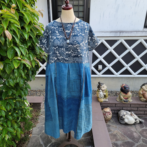 着物リメイク 古布 手作り 型染めと浅葱色 BORO ワンピース ワンピース