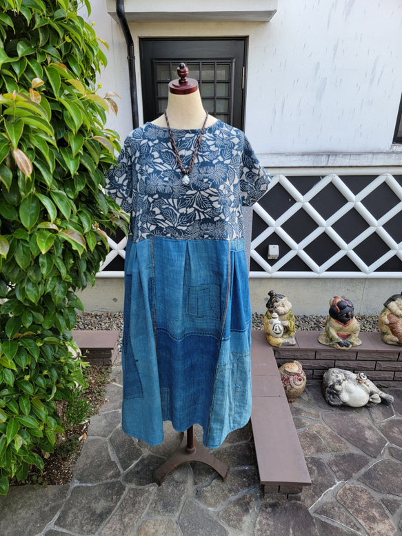 着物リメイク 古布 手作り 型染めと浅葱色 BORO ワンピース ワンピース  