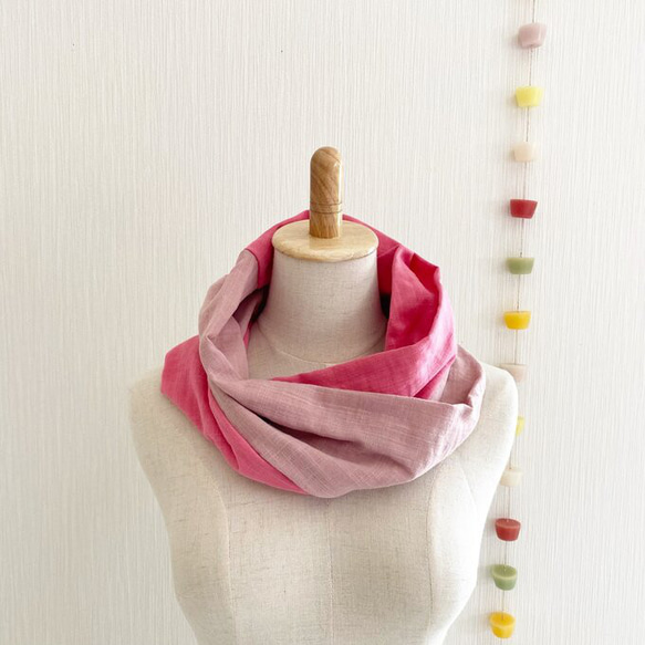 日本製造♡柔軟的春夏圍脖，採用優質雙層紗布製成♡雙色（暗粉色x玫瑰粉色）櫻花粉色 第8張的照片