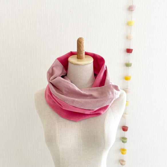 日本製造♡柔軟的春夏圍脖，採用優質雙層紗布製成♡雙色（暗粉色x玫瑰粉色）櫻花粉色 第1張的照片