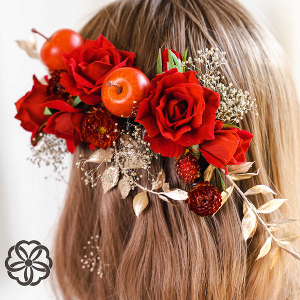 林檎と薔薇のヘッドドレス ヘアアクセサリー 結婚式 ドレス 髪かざり 