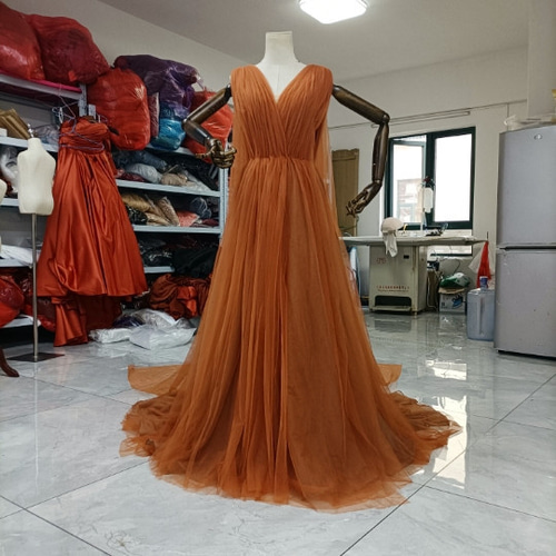 カラードレス テラコッタ色 Vネックドレス ソフトチュール 憧れのドレ  