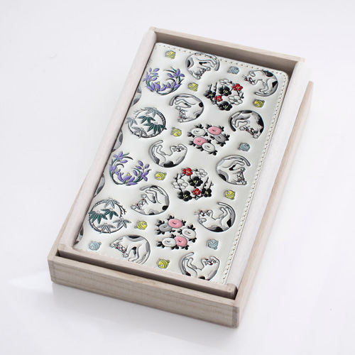 浅草文庫 多機種対応 スマホケース 手帳型 吸盤式 牛革（文庫革）猫