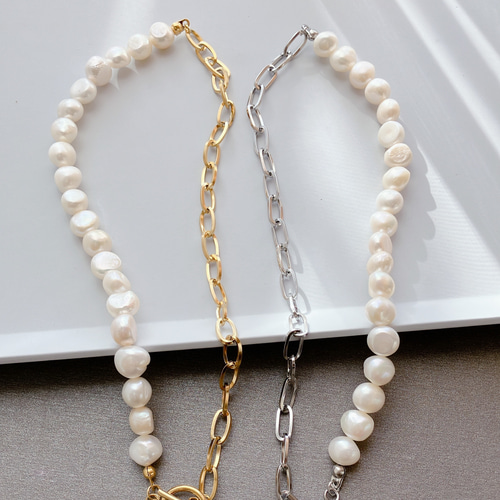 K18淡水パール　ネックレスパーツ　留め具　18金　チェーン繋ぎ　本真珠 金属アレルギー対応 淡水パール×サージカルステンレス / マンテル留め