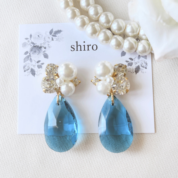 水色系　ビジュー　ピアス　ハンドメイド　イヤリング変更可 ブルー系 ビジュー 雫 ピアス ハンドメイド イヤリング変更可