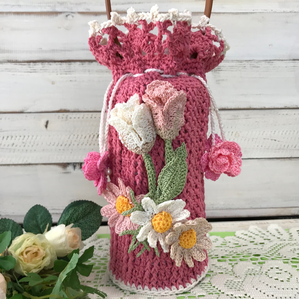 ♥️手編み♥️ハンドメイド♥️お花いっぱいバッグ♥️お花いっぱいペットボトルカバー♥️ ♥️手編み♥️ハンドメイド♥️お花いっぱいバッグ♥️お花