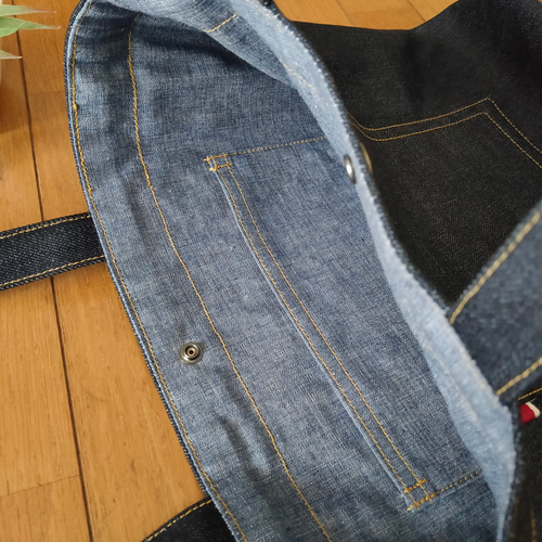 縦長トートバッグ ☆ 赤耳ポケット A4 岡山デニム セルビッチ トート