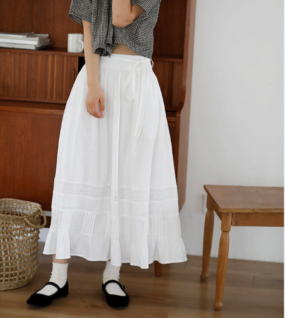 プリスティン　きなり　ロングスカート　コットン100　日本製 フリル裾 レース切替 コットンリネンスカート ロングスカート