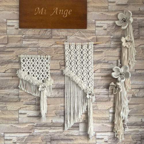 流木マクラメ編みフラワータペストリーN4 タペストリー・壁掛け ミ
