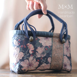 ハンドメイド 花柄 一閑張りかごバッグ ◇送料込み◇一閑張り◇花柄ネイビーミニかごバッグ かごバッグ