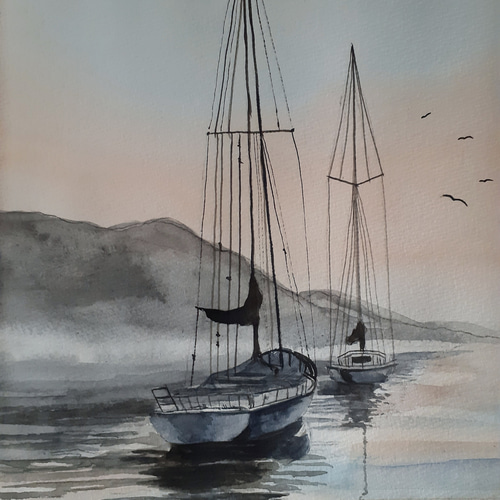 水彩画 夕日に染まるヨット 絵画 makochin 通販 13975201