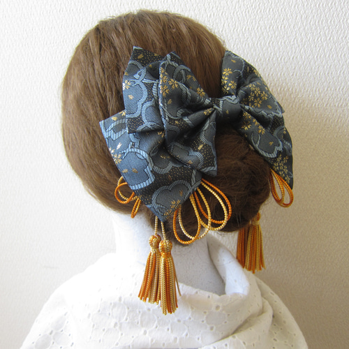 髪飾りリボン✿金襴 桜 藍色 青 ウエディング 結婚式 成人式 卒業式