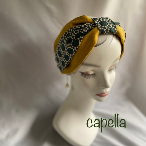 ⭐️capella⭐️タンバリン柄刺繍×リネンのリボン風ターバン さっと 