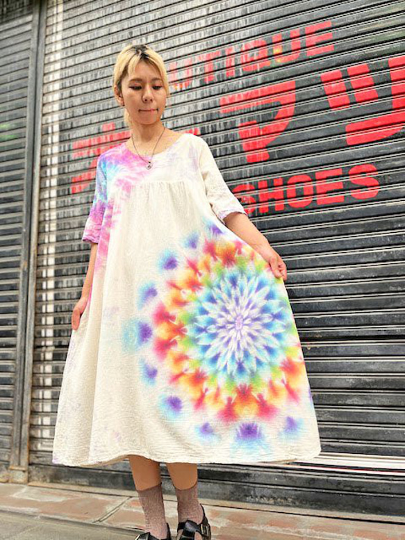 タイダイ染め　ロングワンピース　Hippies Dye最新作　 涼やかな色合いに幻想的な大曼荼羅 HD16-53 6枚目の画像