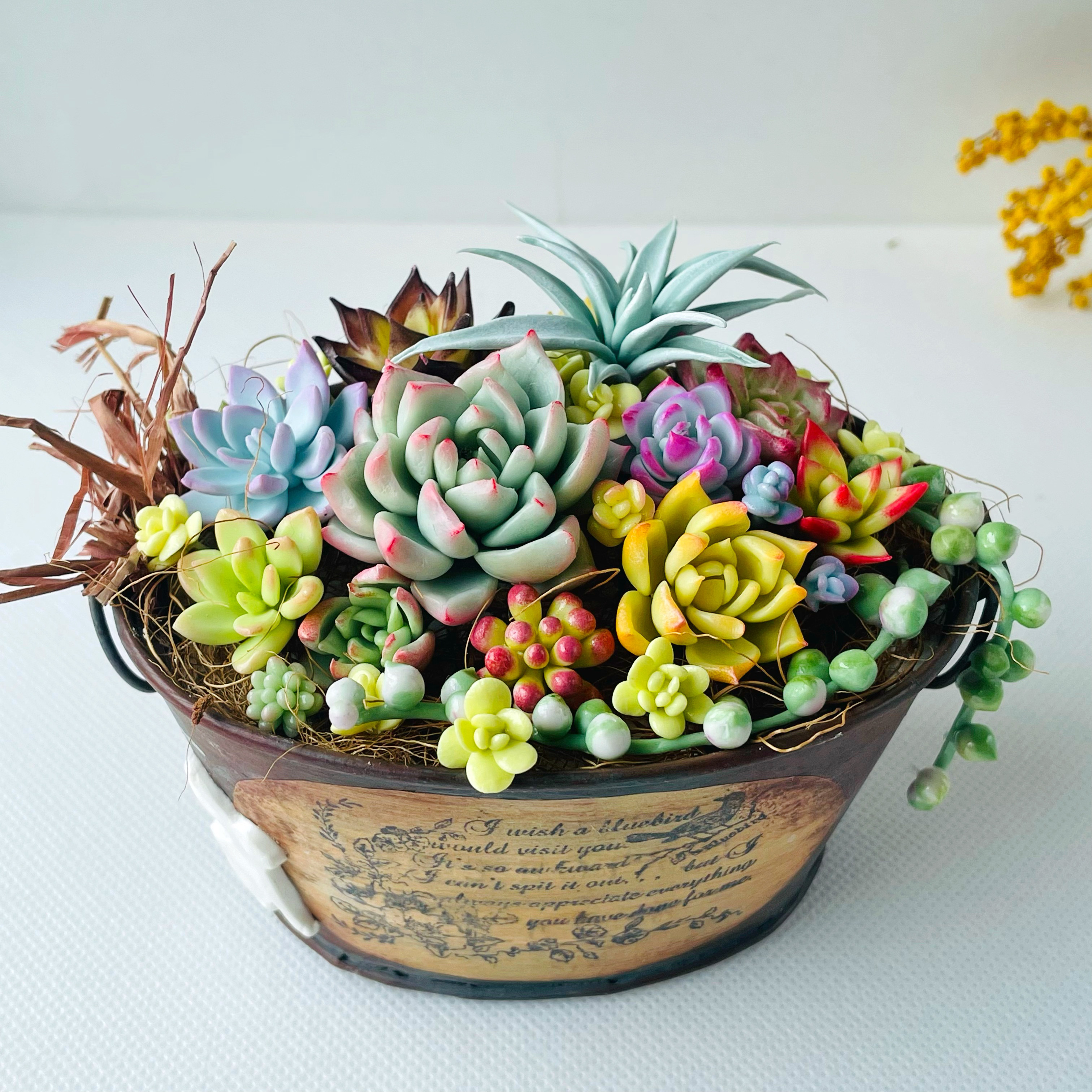 樹脂粘土多肉アレンジ♪カントリー雑貨♡フェイクグリーン 多肉植物  