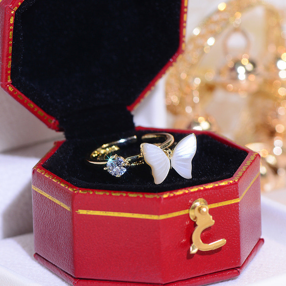 【即日発送】【夏新作】韓国ファッション 上品蝶々指輪2点セット　フリーサイズ　ゴールドアクセサリー　-1030 3枚目の画像