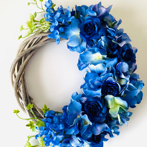 受注制作 ブルーあじさいと薔薇リース 紫陽花リース 玄関リース