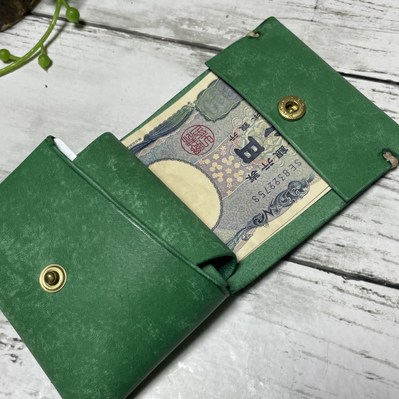 ミニマルグリーン 春色 シンプル 二つ折り革財布 レザーコンパクトウォレット 6枚目の画像