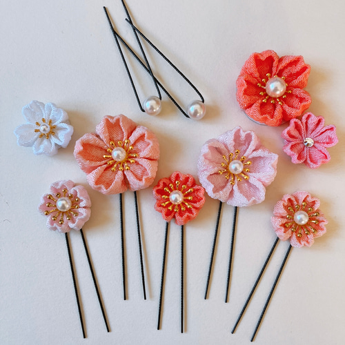 桜とパールの髪飾り 大中ミックスお花5個＊色、ご相談ください○つまみ