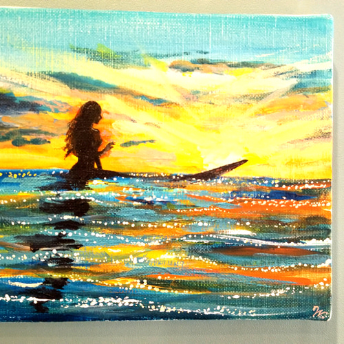 アクリル画　風景画　海の絵　サーフィン