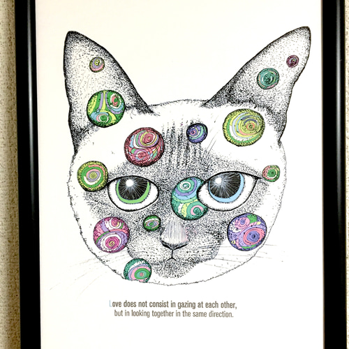 シャム猫とシャボン玉 アートポスター イラスト A4/B4/A3サイズ