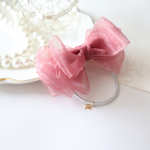 オーガンジーリボン ヘアゴム ピンクの子猫 ぷちヘアゴム】ピンクのドットオーガンジーのリボン 2個セット 小さめ