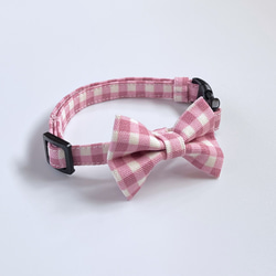 【Dull Pink Check x Bow Tie】Cat Collar Ribbon Collar 貓項圈 第2張的照片