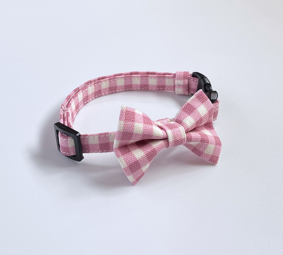 【Dull Pink Check x Bow Tie】Cat Collar Ribbon Collar 貓項圈 第2張的照片