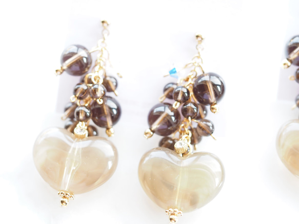 Round Smoky Quartz x KIWA Crystal x Plump Marble Brown Heart 耳環/ 第3張的照片