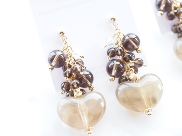 Round Smoky Quartz x KIWA Crystal x Plump Marble Brown Heart 耳環/ 第2張的照片