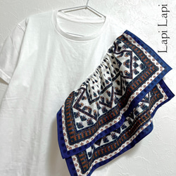 【新作1点物】一枚でインパクト大！インド綿フリル ドッキングTシャツ（白）ブルー 4枚目の画像