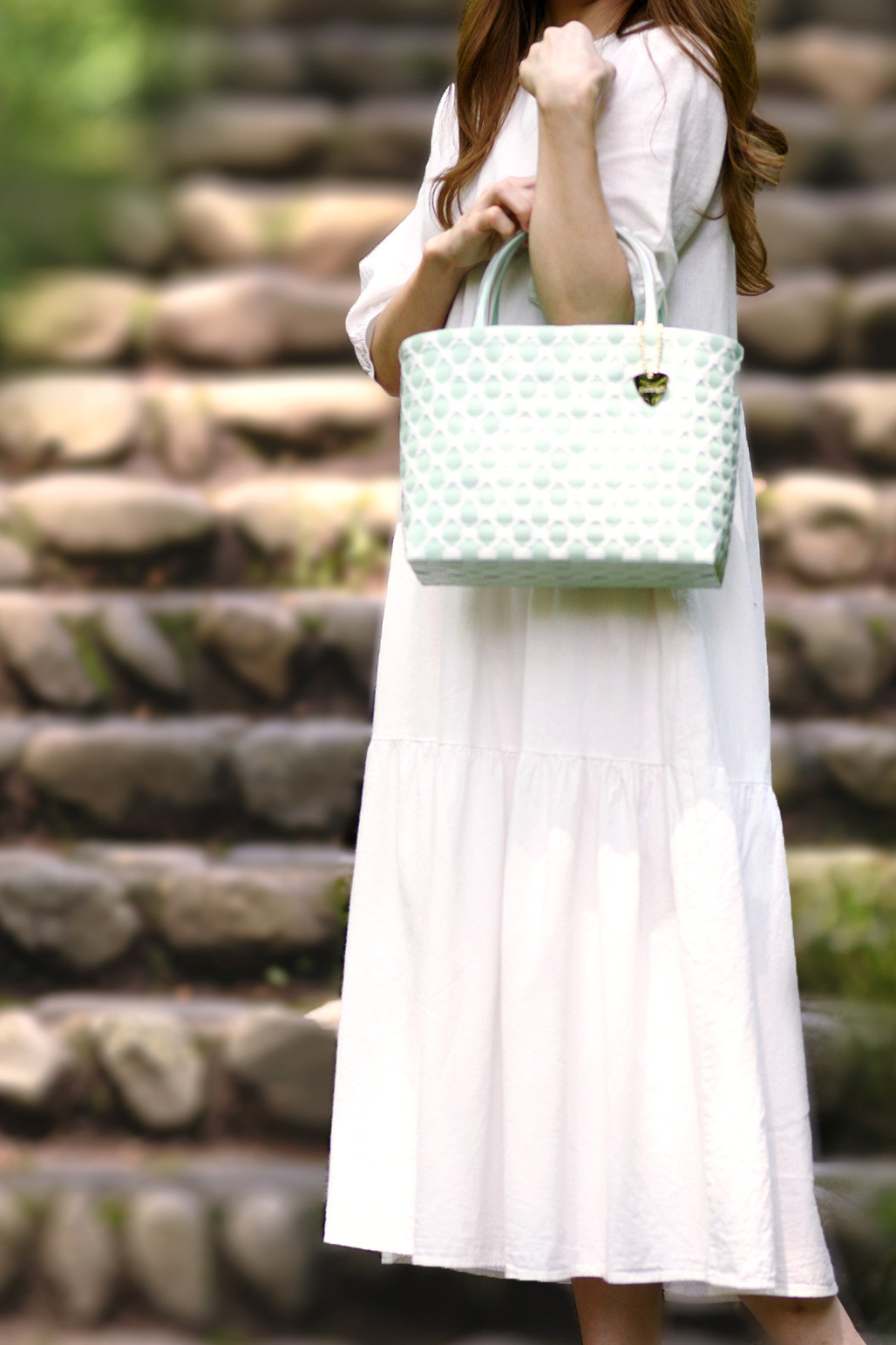 【メルマガ・Creema公式インスタ掲載】ダイヤ柄ミントグリーンM　2WAYプラカゴバッグ　プラカゴ　かごバッグ　浴衣