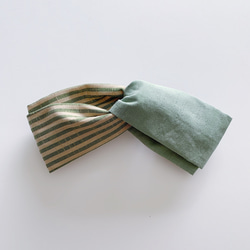会津木綿のターバン(グリーン棒縞×よもぎ) 1枚目の画像