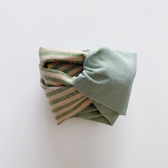 会津木綿のターバン(グリーン棒縞×よもぎ) 2枚目の画像