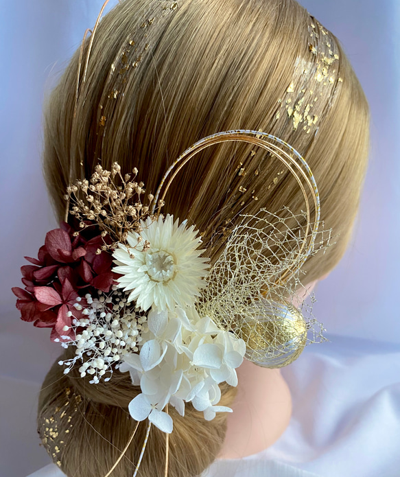 ドライフラワー髪飾り　gold × pink  アジサイ　金箔ヘア　水引　和装髪飾り　和玉　卒業式　成人式　前撮り 3枚目の画像