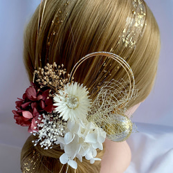 ドライフラワー髪飾り　gold × pink  アジサイ　金箔ヘア　水引　和装髪飾り　和玉　卒業式　成人式　前撮り 1枚目の画像