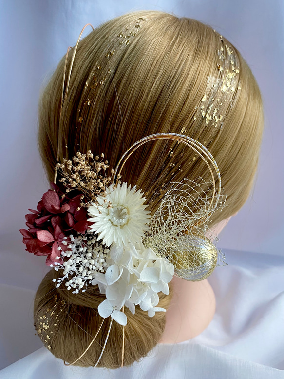 ドライフラワー髪飾り　gold × pink  アジサイ　金箔ヘア　水引　和装髪飾り　和玉　卒業式　成人式　前撮り 1枚目の画像