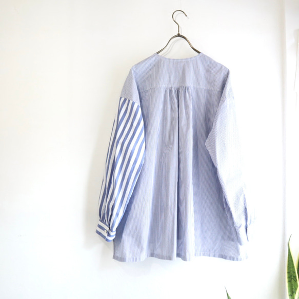 organic cotton frill pocket blouse (blue stripe) 3枚目の画像