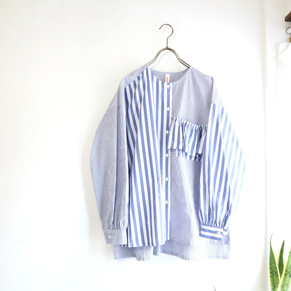 organic cotton frill pocket blouse (blue stripe) 1枚目の画像