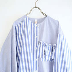 organic cotton frill pocket blouse (blue stripe) 2枚目の画像