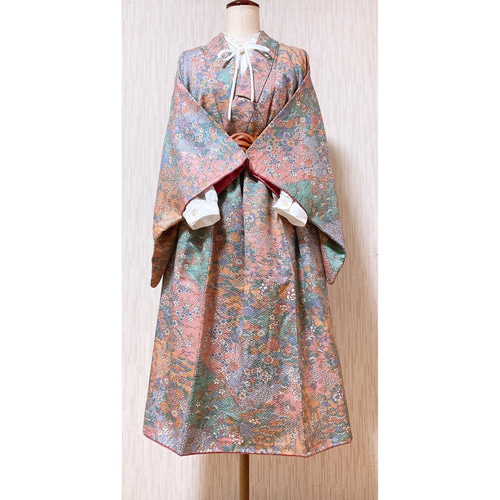 展示品　◇着物リメイク◇  セットアップ　オレンジ系　総柄　ベルト付き　1点もの 展示品◇着物リメイク◇ セットアップオレンジ系総柄ベルト付き1点もの