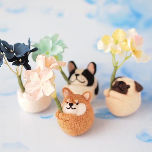 羊毛フェルト ポメラニアン ポメちゃんのフラワーバスケット