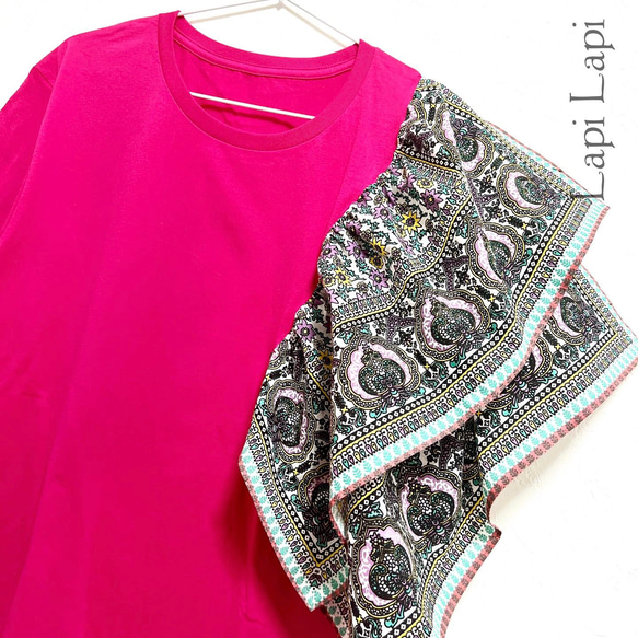 【新作1点物】一枚でインパクト大！インド綿フリル ドッキングTシャツカメリアピンク 1枚目の画像